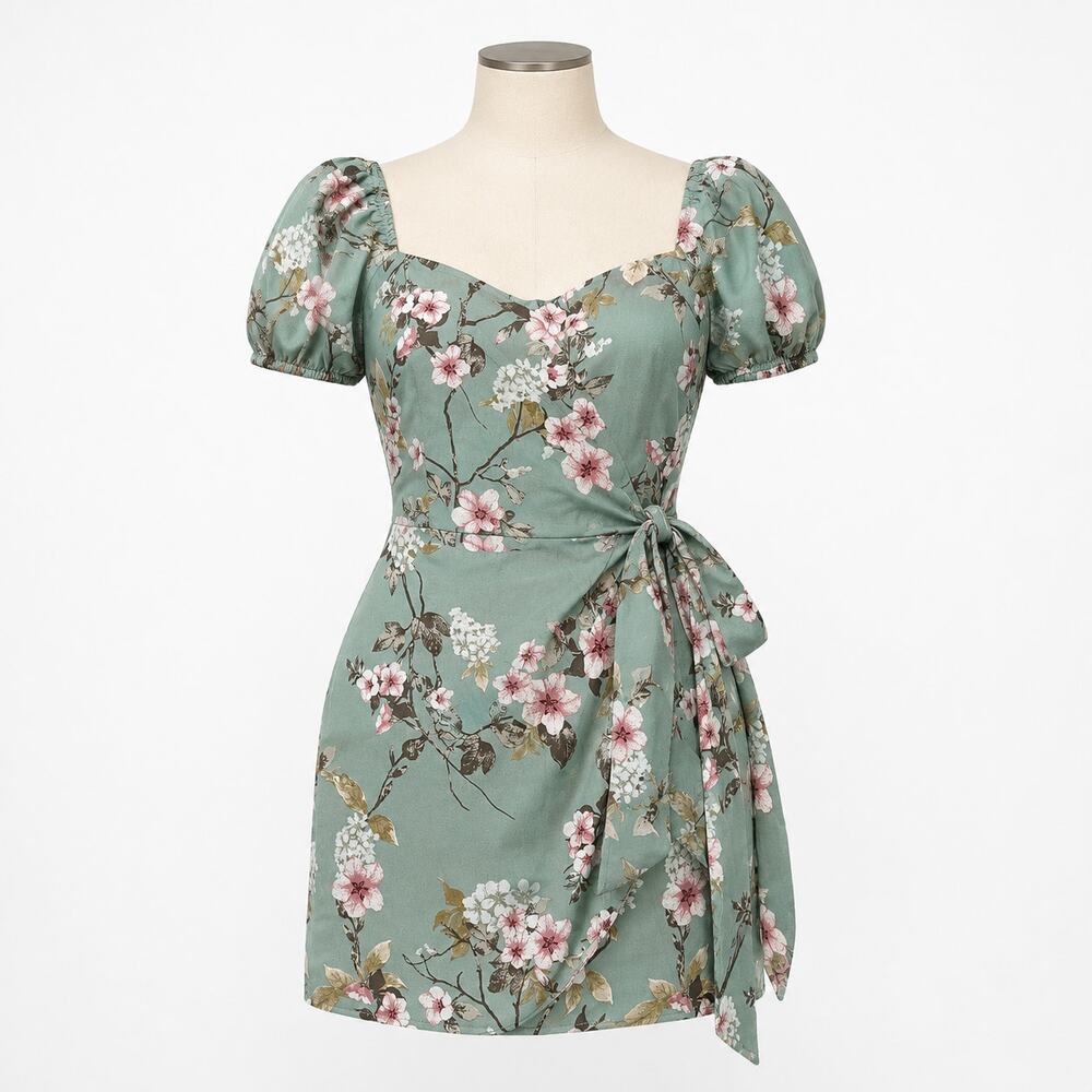 IF By Sea Sage Floral Faux Wrap Mini Dress Women’s Medium M Puff Sleeve